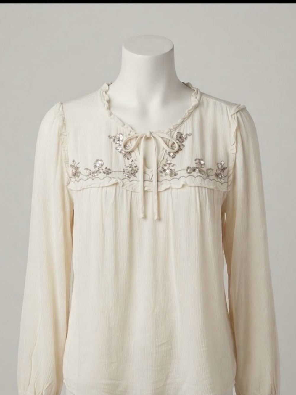 LC Lauren Conrad Cream Embroidered Tie-Neck Blouse XXL